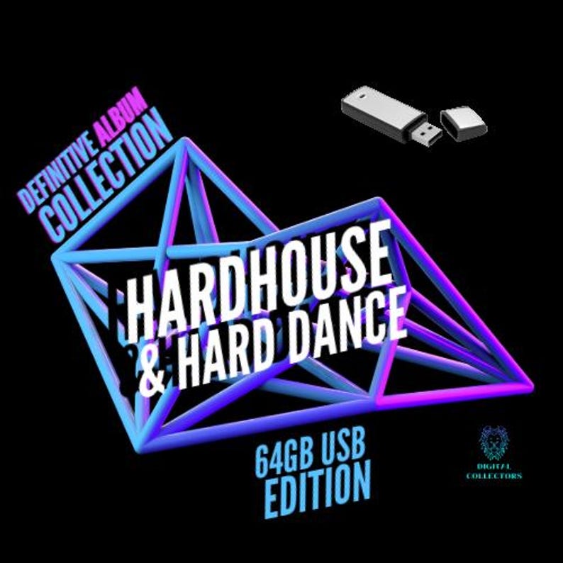 May include: A black background with a 3D geometric shape in blue and purple, with the words "HARDHOUSE & HARD DANCE" in white. The text "DEFINITIVE ALBUM COLLECTION" and "64GB USB EDITION" are also present. A USB drive is in the upper right.