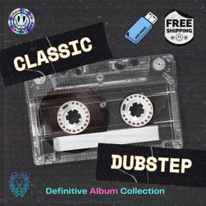 May include: A transparent cassette tape with the word "CLASSIC" on a black label. A blue USB drive and a "FREE SHIPPING" sticker are also present. The text "DUBSTEP" is on another black label. The words "Definitive Album Collection" are at the bottom.