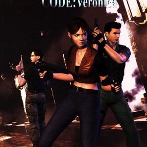 May include: Cover art for "Resident Evil Code: Veronica" video game. The image shows three characters with guns, with the title in red and the subtitle in white. The words "Book One" and "Suggested for Mature Readers" are also visible.