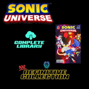 May include: A blue and red comic book cover with the title "Sonic Universe" and a group of characters from the Sonic the Hedgehog franchise. The characters include Sonic, Shadow, Blaze, and Metal Sonic. The cover also features the text "Complete Library" and "Definitive Collection".