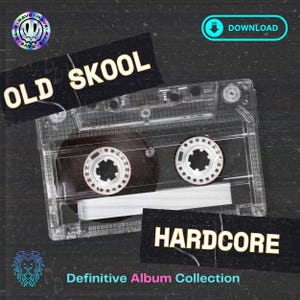 May include: A clear cassette tape with the words "OLD SKOOL" and "HARDCORE" overlaid on black rectangles. The text "Definitive Album Collection" is at the bottom. A download button is in the top right corner.