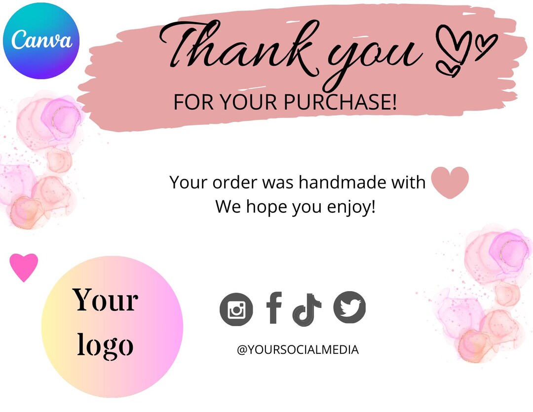 Editable in CANVA Business Thank You Insert Card Template Modern Pink ...