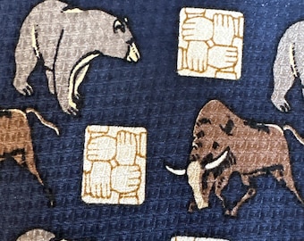 Vintage Vicky Davis silk tie – bull and bear stock market motif - made for Oppenheimer Fund