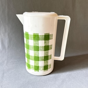 Vintage green checkered plastic pitcher with lid – mid-century modern kitchenware
