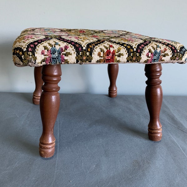 Vintage footstool - with turned wood legs and original fabric top