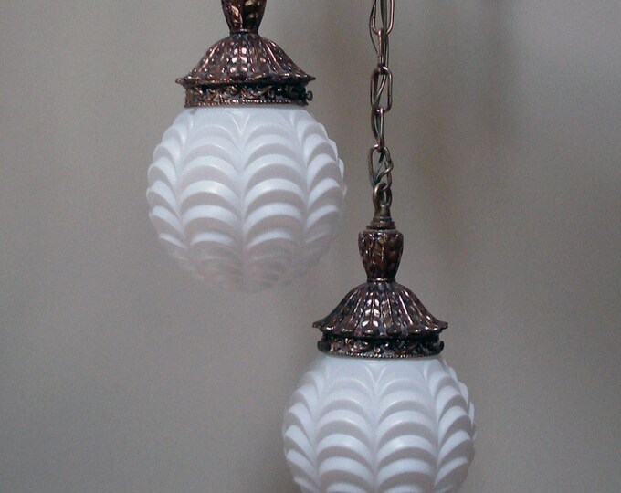 Vintage Gold Toned Double Swag Light With Textured White Globes Etsy