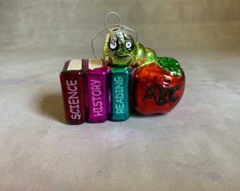 Bookworm Christmas tree ornament - colorful glass - ready to hang