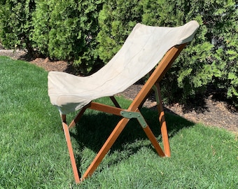 Vintage Tripolina chair - folding wood frame - canvas seat - camping, glamping, backyard lounging