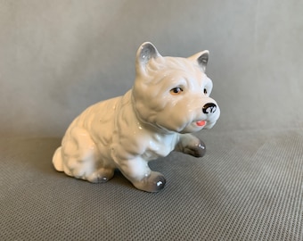 Vintage terrier figurine - white and gray - sturdy ceramic
