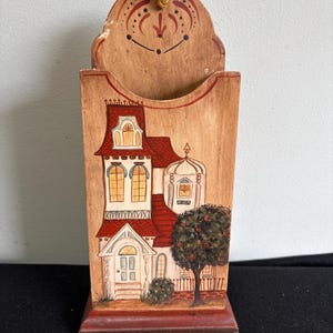 Vintage hand-painted wooden wall pocket – cottage house mail holder or wall organizer with folk art design