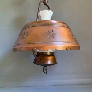 Midcentury lantern-style light fixture - with milk glass hurricane shade - all metal body - brushed copper-tone finish