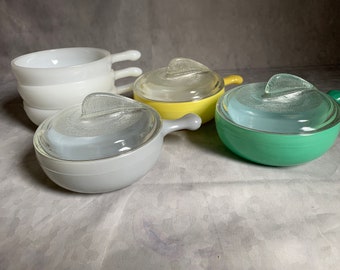 Vintage Glasbake soup bowls - set of 6 bowls - 3 lids