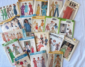 Large lot of 18 patterns from the 1970s - bellbottoms, skirts, dresses, vests etc