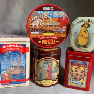 Favorite snacks tin set - Tollhouse, Hershey&#39;s Pretzels, Cracker Jack and Uneeda Biscuit - set of 5 tins