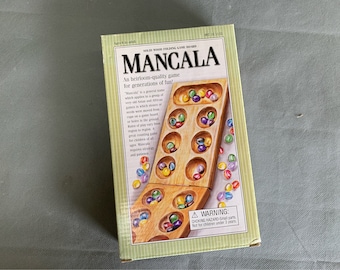 Mancala game - all wood board with glass playing pieces - with original box