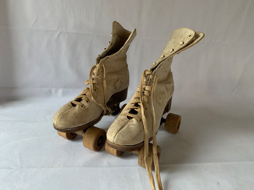 Antique Roller Skates White Leather Wooden Wheels by Chicago Roller