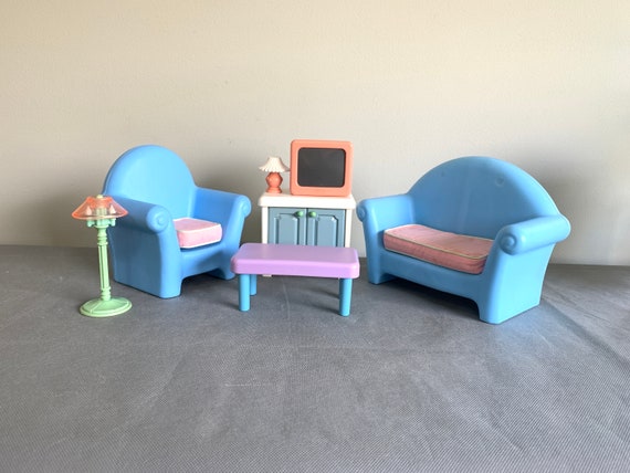 Vintage Little Tikes Barbie Dollhouse Furniture Living Room Set TV Cabinet Two Lamps Armchair and Loveseat Coffee Table 9 Pieces Etsy