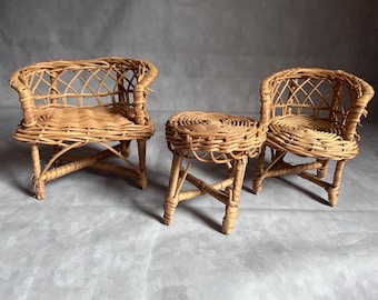 Vintage doll furniture set - natural wicker