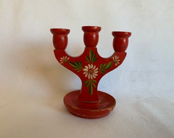 Swedish folk art candelabra - red wood - hand painted