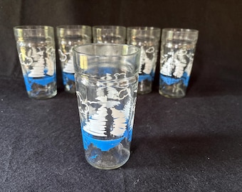 Vintage nautical sailboat tumblers – Set of 6 ocean scene glasses with blue and white print - 1980s look - Anchor Hocking