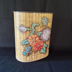 Vintage Weibro faux wicker metal wastebasket– floral embossed design