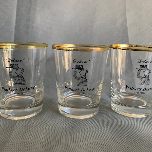 Set of 3 Walker's DeLuxe Bourbon glasses - gold rims