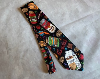 Vintage necktie featuring favorite foods - Milano cookies, Campbells soup, V8, etc - 100% silk