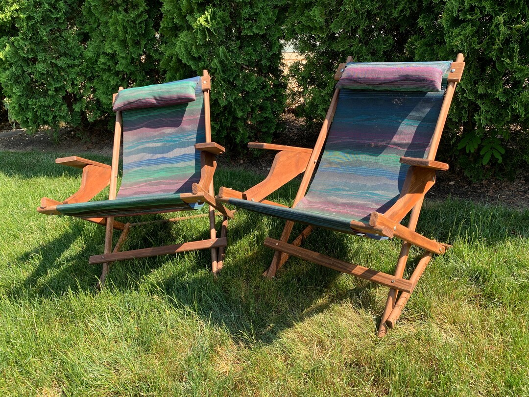 Pair of Extremely Comfortable Wood Framed Lawn Chairs With Mesh Seats and Neck Pillow Slightly Rocking Folding Easy Transport Etsy