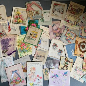 Ensemble de 35 cartes de vœux anciennes - certaines avec écriture et d'autres vierges - cartes de rétablissement, cartes de Pâques, cartes de Noël, cartes de condoléances