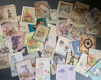 Set of 35 antique greeting cards - some with writing and some blank - get well cards, Easter cards, Christmas cards, condolence cards