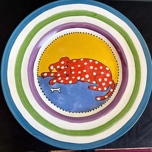Vintage Bernarda Portugal dog platter – Block Cat & Dog ceramic dish, colorful hand-painted style - 17.5 inch diameter