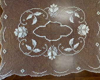 Antique filet lace tablecloth - hand made - natural ecru color - 52 x 40 inches