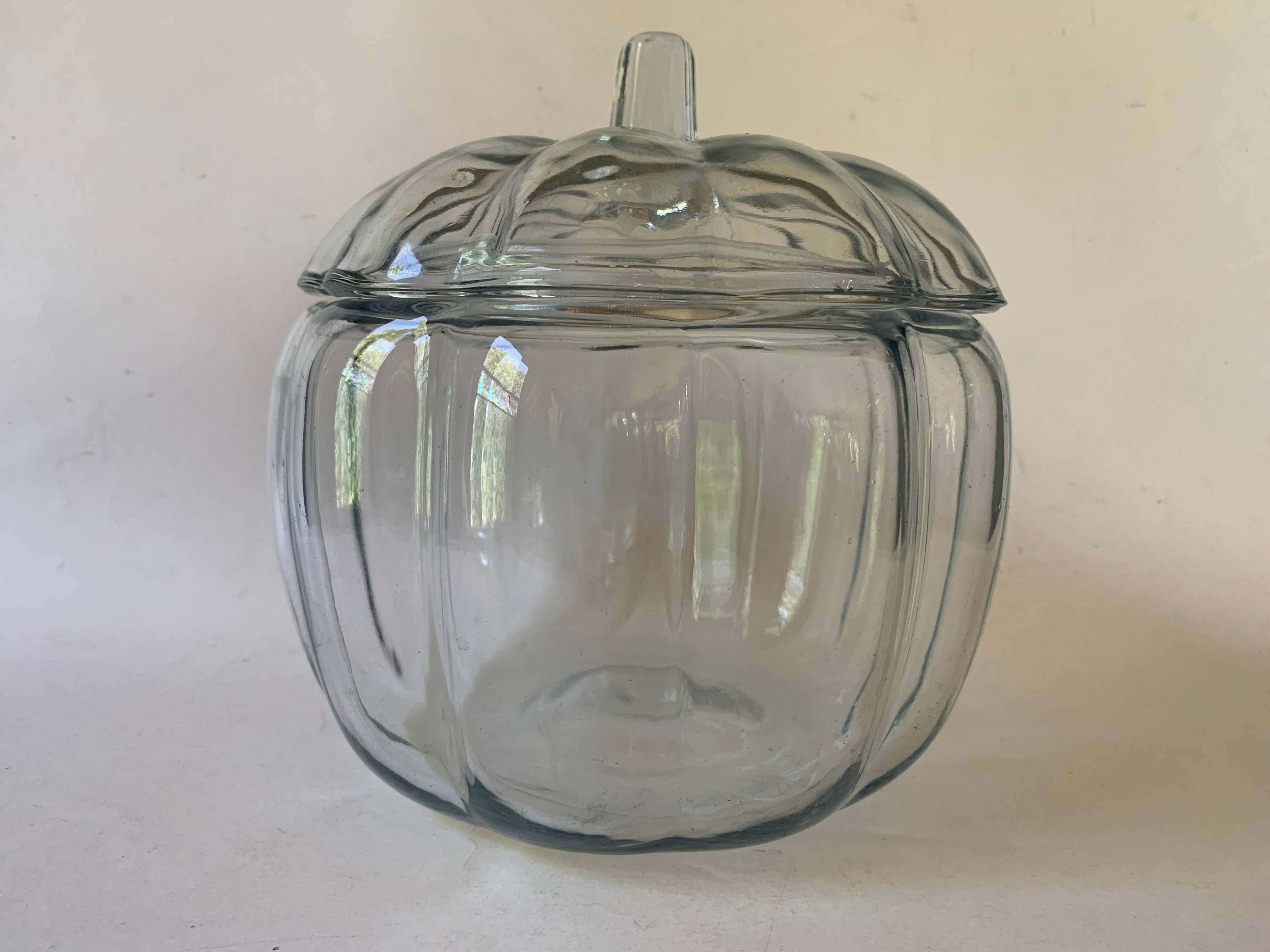 VINTAGE Clear Glass Cookie Jar Pumpkin Shaped 7 Tall *NO LID*