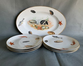 FOUND in SPAIN -- Set of Plates from Spain - Porcelanas Fontanellas - 6 plates and 1 large platter