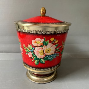 Vintage storage tin - urn shaped - faux crackle finish - gold accents
