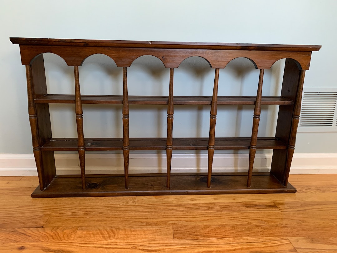 Large Vintage Shelf With Plate Grooves All Wood Space for 18 Cups and