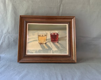 FOUND IN SPAIN -- Original oil painting of two glasses of wine - signed M Escola
