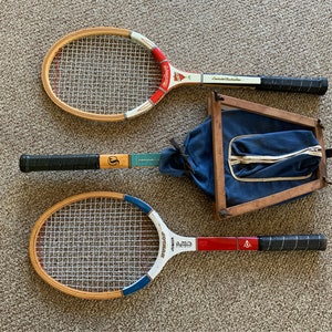 Vintage tennis racket set 3 rackets 1 cover and press MacGregror Challenger, Dunlop Junior Pro, Spalding Doris Hart Signature image 1