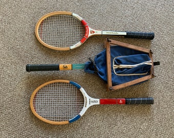 Vintage tennis racket set - 3 rackets + 1 cover and press - MacGregror Challenger, Dunlop Junior Pro, Spalding Doris Hart Signature