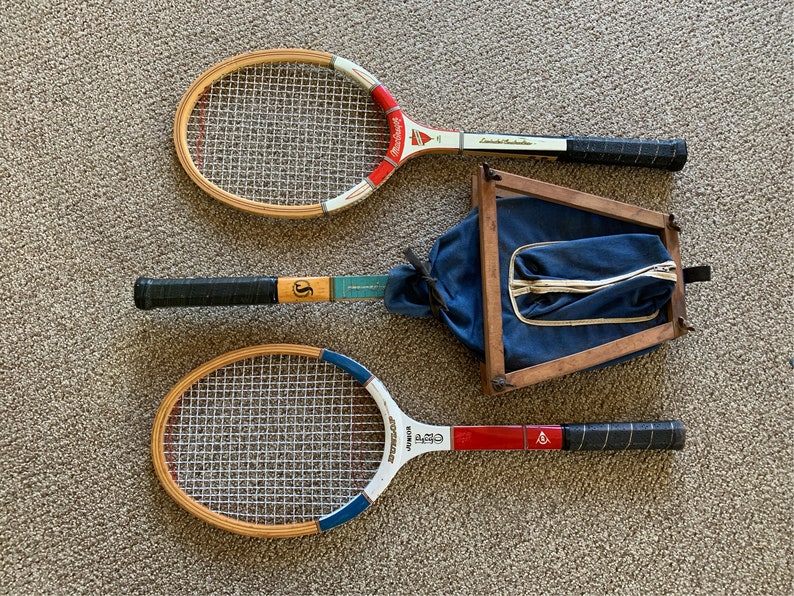 Vintage tennis racket set 3 rackets 1 cover and press MacGregror Challenger, Dunlop Junior Pro, Spalding Doris Hart Signature image 1