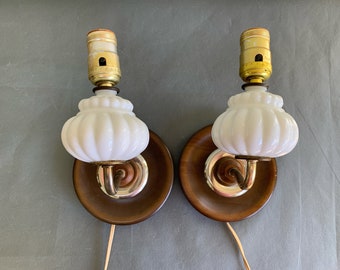 Pair of wall sconce lamps - milk glass, wood and gold-toned metal