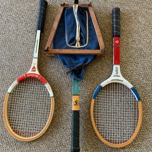 Vintage tennis racket set 3 rackets 1 cover and press MacGregror Challenger, Dunlop Junior Pro, Spalding Doris Hart Signature image 9