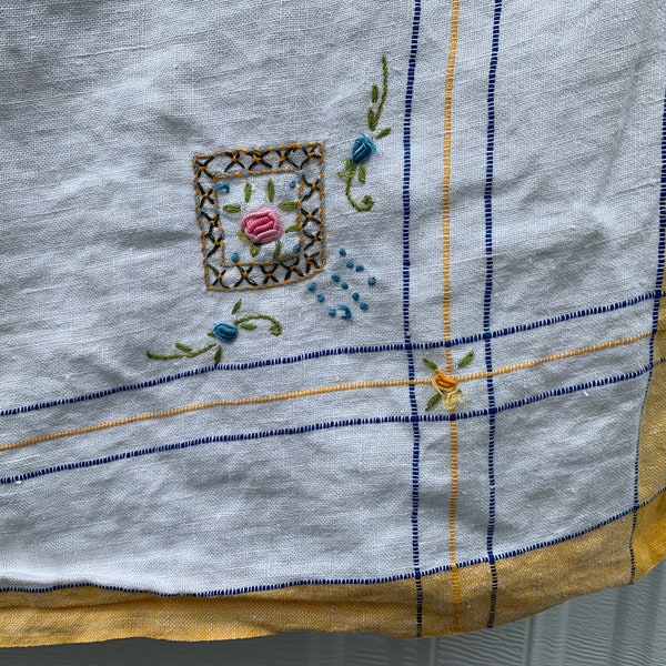 Vintage linen tablecloth - beautifully stitched - blue, yellow and pink - 48 x 26 inches