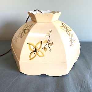 Ceramic swag light - Hand-painted ceramic pendant light - Cream vintage hanging lamp with yellow floral design