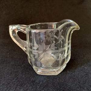 Etched glass cream pitcher - beautiful thick glass - angled shape