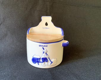 Vintage French salt box - Brouage ceramic salt cellar - with wooden lid - hand painted blue and white kitchen storage