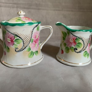 Antique cream and sugar set - Made in Japan - with handpainted flowers and gold embellishment - moriage style details