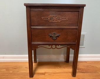 Vintage wood sewing cabinet with swing out spool storage and 1 drawer with tray - beautiful lines and petite size - 1930s or 1940s