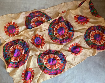 Vintage zodiac scarf - bright colors - silk and rayon