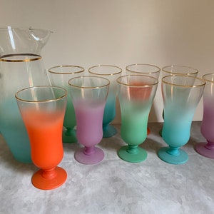 Set of 9 Blendo pedestal glasses and 1 pitcher - stunning colors, rare pedestal design